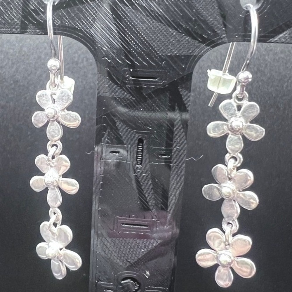 Sterling Silver Dangle Earring Articulated 3 Flowers Hook Closure 2"